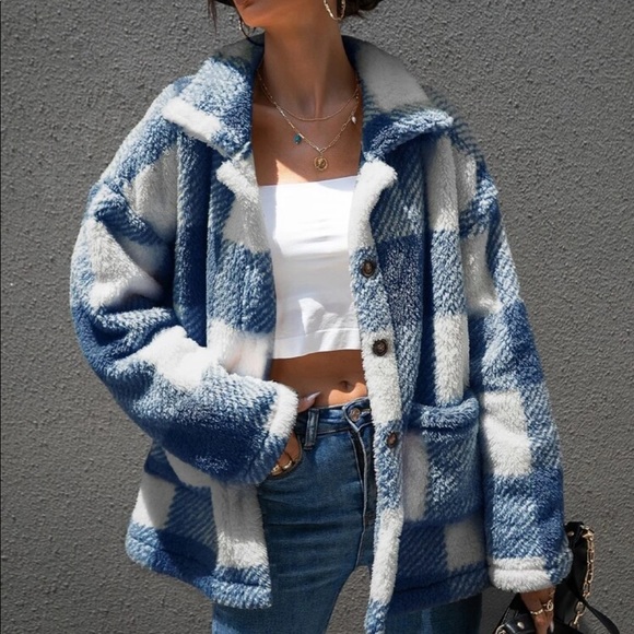 Gingham plaid teddy coat with buttons cozy - Picture 11 of 15